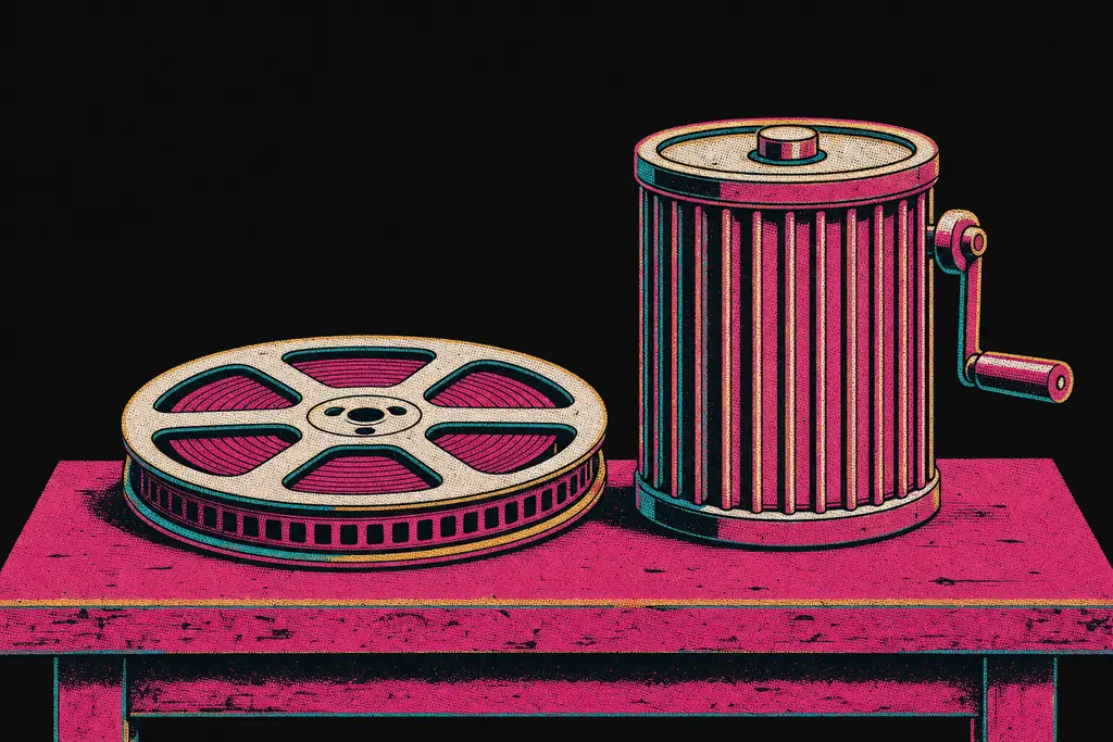 Illustration einer Filmrolle neben einer Walzentrommel auf einem Werkstatttisch