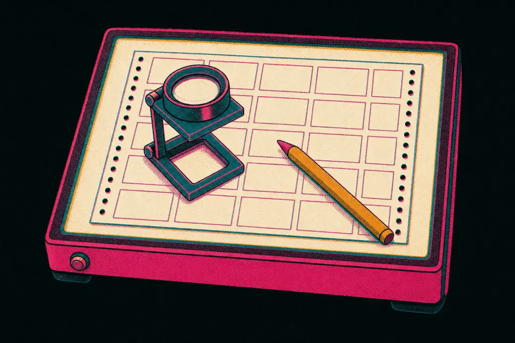 Illustration eines Kontaktbogens auf dem Leuchttisch, daneben Lupe und Fettstift
