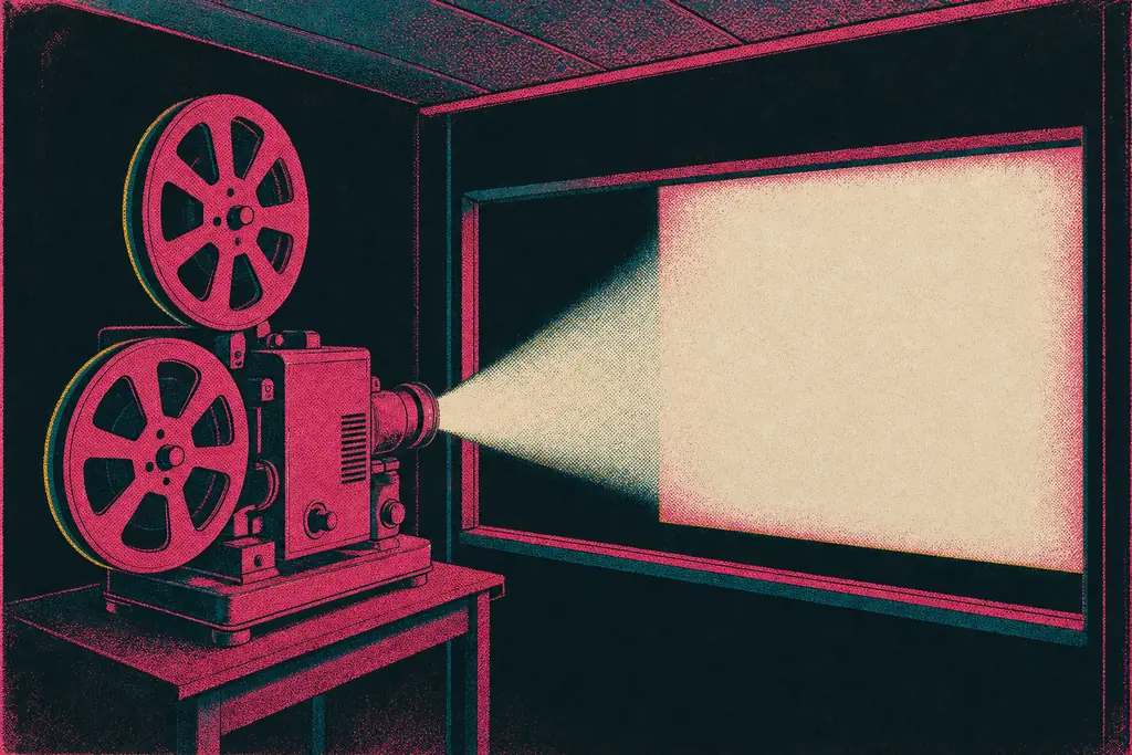 Illustration eines Filmprojektors im Vorführraum, der Lichtkegel fällt auf eine leere Wand